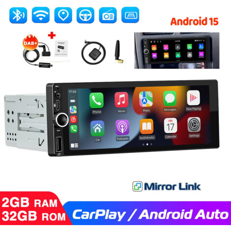 Autoradio 6,86" 1 DIN avec Android 15, 2+32 Go, CarPlay, GPS, RDS, Bluetooth et Wi-Fi - 2+32G DAB+