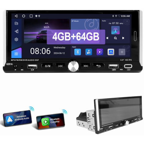 Autoradio 6,9" IPS 1 DIN avec Android 14 Carplay Android Auto GPS RDS Bluetooth FM WIFI 2+32G