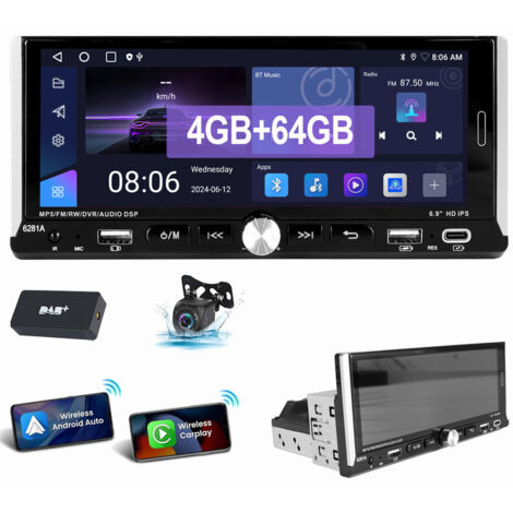 Autoradio 6,9" IPS 1 DIN avec Android 14 Carplay Android Auto GPS RDS Bluetooth FM WIFI 2+64G DAB CAM