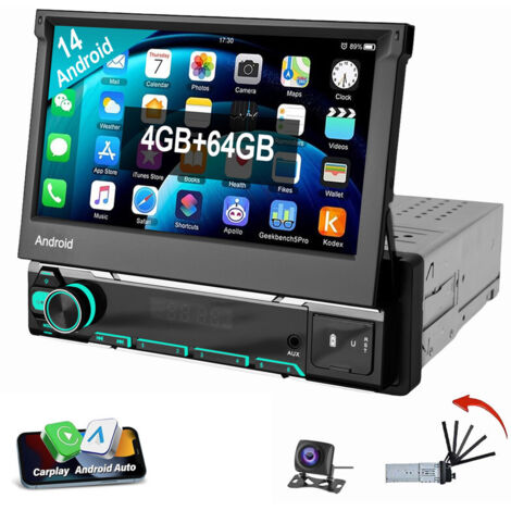 Autoradio 7" 1 DIN rabattable avec CarPlay sans fil Android Auto WIFI Bluetooth GPS 2+64G CAM