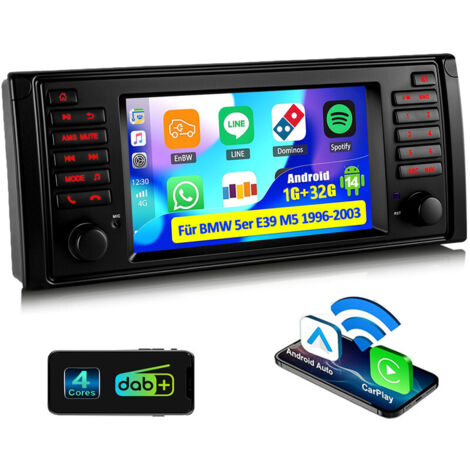 Autoradio 7" Android 14 avec Apple CarPlay, 4+64 Go de RAM, navigation GPS RDS, Wi-Fi et Bluetooth pour BMW Série 5 E39 M5 - 1+32G