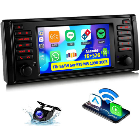 Autoradio 7" Android 14 avec Apple CarPlay, 4+64 Go de RAM, navigation GPS RDS, Wi-Fi et Bluetooth pour BMW Série 5 E39 M5 - 1+32G CAM
