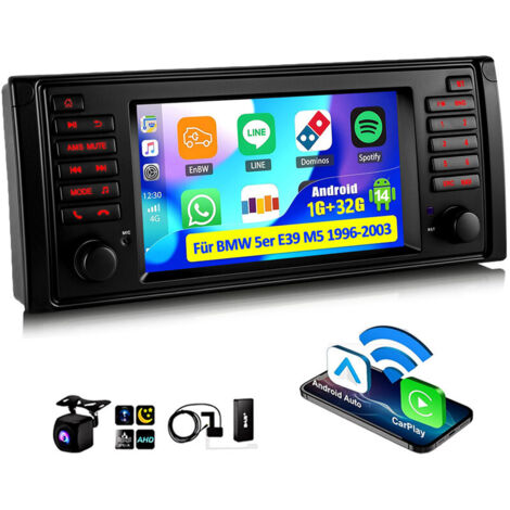 Autoradio 7" Android 14 avec Apple CarPlay, 4+64 Go de RAM, navigation GPS RDS, Wi-Fi et Bluetooth pour BMW Série 5 E39 M5 - 1+32G DAB+ CAM