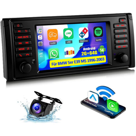 Autoradio 7" Android 14 avec Apple CarPlay, 4+64 Go de RAM, navigation GPS RDS, Wi-Fi et Bluetooth pour BMW Série 5 E39 M5 - 2+64G CAM