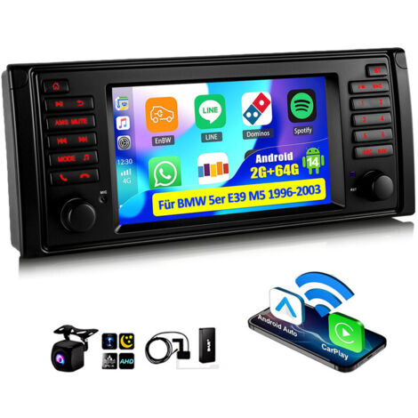 Autoradio 7" Android 14 avec Apple CarPlay, 4+64 Go de RAM, navigation GPS RDS, Wi-Fi et Bluetooth pour BMW Série 5 E39 M5 - 2+64G DAB+ CAM