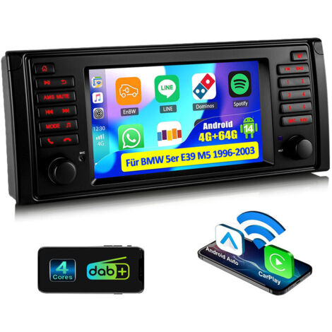 Autoradio 7" Android 14 avec Apple CarPlay, 4+64 Go de RAM, navigation GPS RDS, Wi-Fi et Bluetooth pour BMW Série 5 E39 M5 - 4+64G