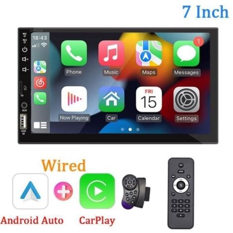 Autoradio 7'" Lecteur multimédia Carplay Android - Écran tactile HD - Bluetooth 2.0 - Double-Din
