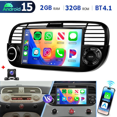 Autoradio 7 pouces 32/64 Go pour Fiat 500 (2007-2015) avec Apple CarPlay, GPS et Wi-Fi - 2+32G CAM