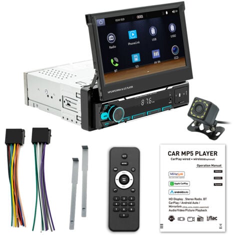Autoradio 7 pouces simple DIN avec écran tactile télescopique Radio FM BT Lecteur MP5 Prise en charge du lien téléphonique miroir Appels mains libres TF/UBS/AUX-IN Image de recul Commande au volant a