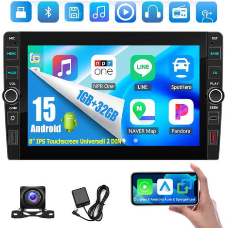 Autoradio 8" DAB+ 23/64 Go Android 15, CarPlay, GPS, RDS, Bluetooth 4.1, 2 DIN - 1+32G CAM