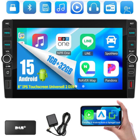Autoradio 8" DAB+ 23/64 Go Android 15, CarPlay, GPS, RDS, Bluetooth 4.1, 2 DIN - 1+32G DAB+