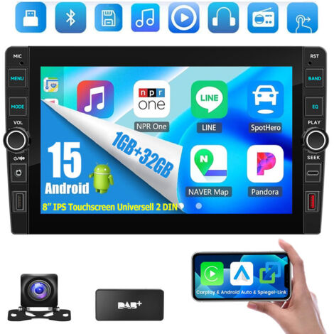 Autoradio 8" DAB+ 23/64 Go Android 15, CarPlay, GPS, RDS, Bluetooth 4.1, 2 DIN - 1+32G DAB+ CAM