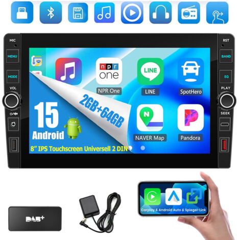 Autoradio 8" DAB+ 23/64 Go Android 15, CarPlay, GPS, RDS, Bluetooth 4.1, 2 DIN - 2+64G DAB+