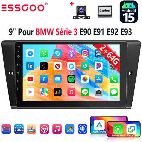 Autoradio 9 pouces Android 15 32/64 Go pour BMW Série 3 E90/E91/E92/E93 avec Apple CarPlay, RDS, GPS et Wi-Fi - 2+64G CAM