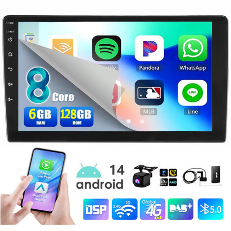 Autoradio 9 pouces QLED double DIN Android 14 avec CarPlay, navigation GPS, Bluetooth, Wi-Fi - 6+128G DAB+ CAM
