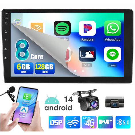 Autoradio 9 pouces QLED double DIN Android 14 avec CarPlay, navigation GPS, Bluetooth, Wi-Fi - 6+128G DVR+ MIC CAM