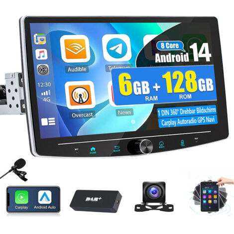 Autoradio Android 14 Carplay 8 cœurs 1 DIN 4G GPS Écran rotatif à 360° - 6+128G DAB+ CAM