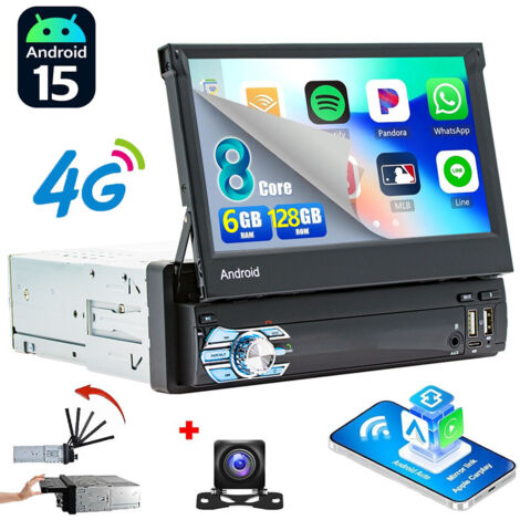 Autoradio Android 15 1 DIN 6Go+128Go 8-Cœurs - Apple CarPlay, 4G, GPS, Bluetooth, Radio RDS - 6+128G CAM