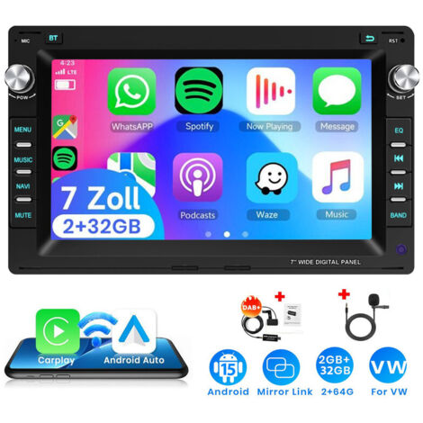 Autoradio Android 15 7 Pouces 2Go+32Go pour VW Polo 9N / Golf 4 / Passat B5 - Apple CarPlay, GPS, RDS, Microphone Intégré - 2+32G DAB+