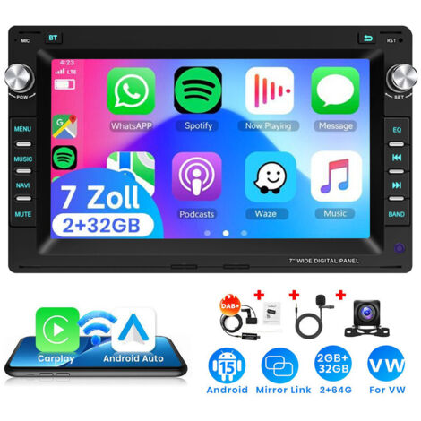 Autoradio Android 15 7 Pouces 2Go+32Go pour VW Polo 9N / Golf 4 / Passat B5 - Apple CarPlay, GPS, RDS, Microphone Intégré - 2+32G DAB+ CAM