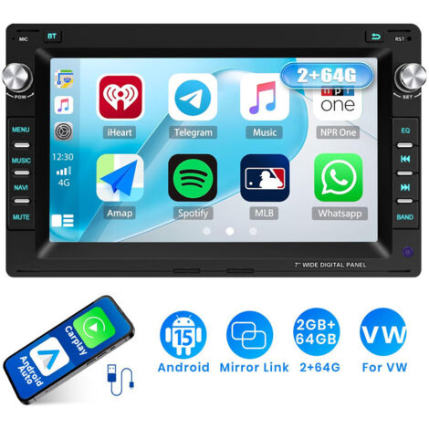 Autoradio Android 15 7 Pouces 2Go+64Go pour VW Polo 9N / Golf 4 / Passat B5 - Apple CarPlay, GPS, RDS, Microphone Intégré - 2+64G