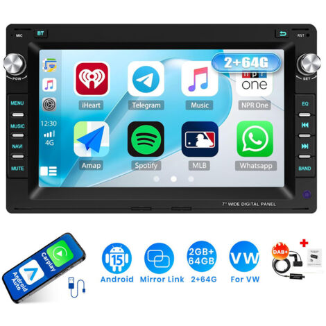 Autoradio Android 15 7 Pouces 2Go+64Go pour VW Polo 9N / Golf 4 / Passat B5 - Apple CarPlay, GPS, RDS, Microphone Intégré - 2+64G DAB+