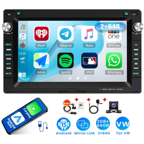Autoradio Android 15 7 Pouces 2Go+64Go pour VW Polo 9N / Golf 4 / Passat B5 - Apple CarPlay, GPS, RDS, Microphone Intégré - 2+64G DAB+ CAM