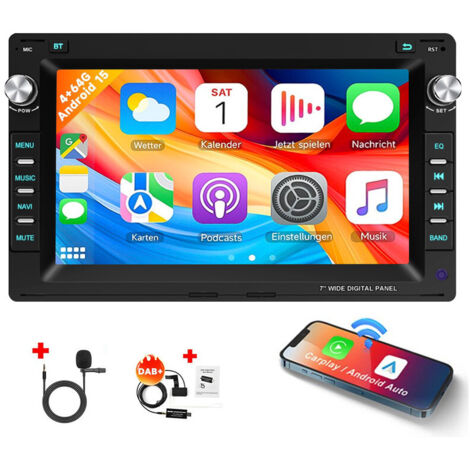 Autoradio Android 15 7 Pouces 4Go+64Go pour VW Polo 9N / Golf 4 / Passat B5 - Apple CarPlay, GPS, RDS, Microphone Intégré - 4+64G DAB+