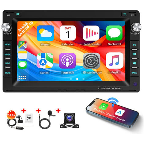 Autoradio Android 15 7 Pouces 4Go+64Go pour VW Polo 9N / Golf 4 / Passat B5 - Apple CarPlay, GPS, RDS, Microphone Intégré - 4+64G DAB+ CAM