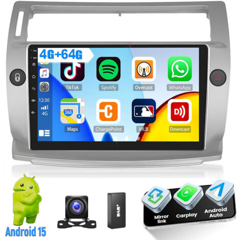 Autoradio Android 15 9" compatible CarPlay pour Citroën C4 (2004-2009) avec navigation GPS et RDS - 4+64G DAB+ CAM