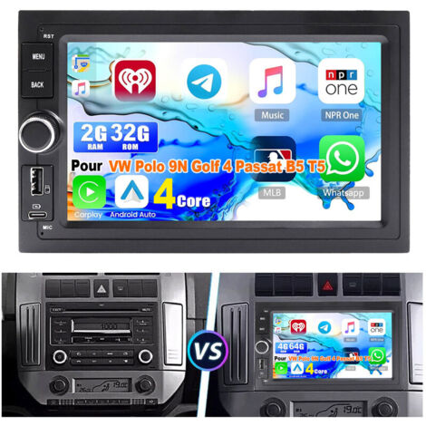 Autoradio Android 15 avec CarPlay, GPS, navigation et port USB pour VW Polo 9N, Golf 4, Passat B5 et T5 2+32G
