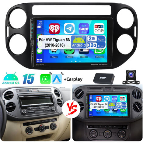Autoradio Android 15 avec CarPlay, GPS, RDS et Wi-Fi pour VW Tiguan 5N et Golf Plus, avec port USB Type-C - 2+32G DAB+ CAM