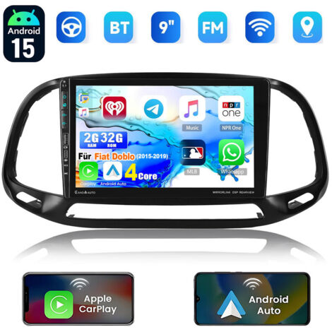 Autoradio Android 15 avec CarPlay, GPS, Wi-Fi et RDS, compatible Fiat Doblo (2015-2019), avec port USB Type-C - 2+32G
