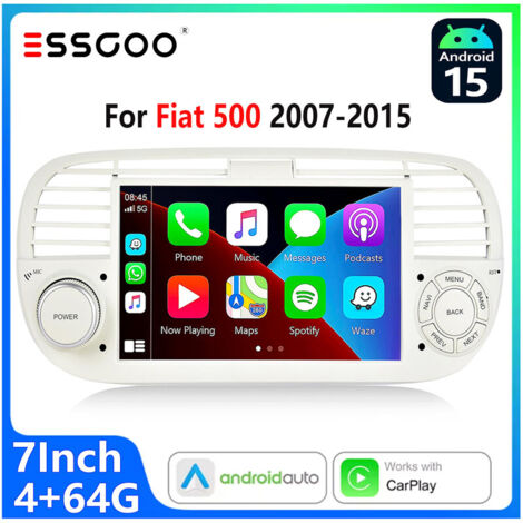 Autoradio Android 15 pour Fiat 500 (2007–2015)  Écran Tactile 7 Pouces CarPlay sans Fil et Android Auto Blanc  - 4+64G