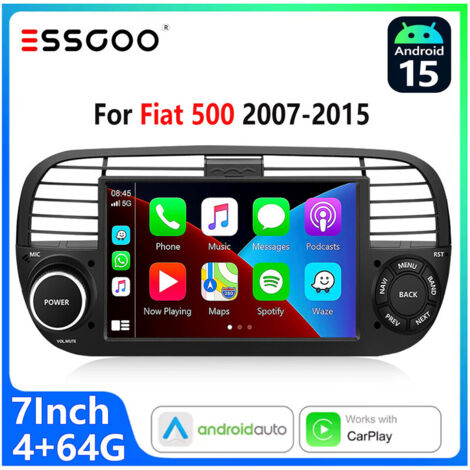 Autoradio Android 15 pour Fiat 500 (2007–2015)  Écran Tactile 7 Pouces CarPlay sans Fil et Android Auto Blanc  - 4+64G