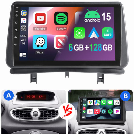 Autoradio Android 8 cœurs 6+128Go pour Renault Clio 3 (2005-2014) CarPlay 4G LTE GPS Wi-Fi 6+128G