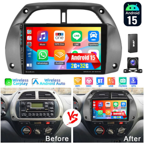 Autoradio Android 9" 15 pour Toyota RAV4 2000-2002 avec GPS, CarPlay, Bluetooth, WIFI et commandes au volant - 2+32G DAB+CAM