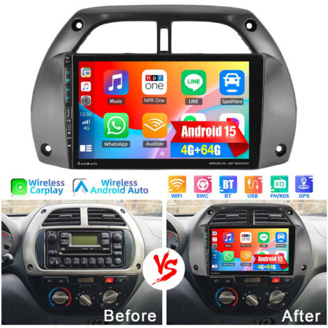 Autoradio Android 9" 15 pour Toyota RAV4 2000-2002 avec GPS, CarPlay, Bluetooth, WIFI et commandes au volant - 4+64G