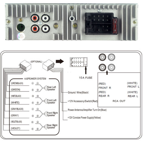 Autoradio avec 7 LED de couleur, Bluetooth, double port USB à charge rapide, audio stéréo MP3 ID3 WMA, entrée auxiliaire, carte TF, A2DP, kit mains libres ISO