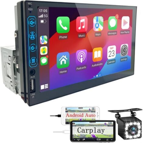 Autoradio Bluetooth 1 DIN avec Carplay et Android Auto - 7 Pouces HD Ecran Tactile Poste Radio Voiture Soutien Lien Miroir iOS/Android/Radio FM/USB/EQ – Autoradio avec Caméra de Recul