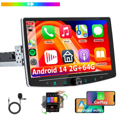 Autoradio Bluetooth 1DIN Android 14, unité centrale rotative de 10,1 pouces, GPS, radio CarPlay - 2+64G