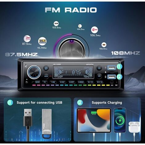 Autoradio, Bluetooth 5.0, kit vivavoce, lettore multimediale MP3