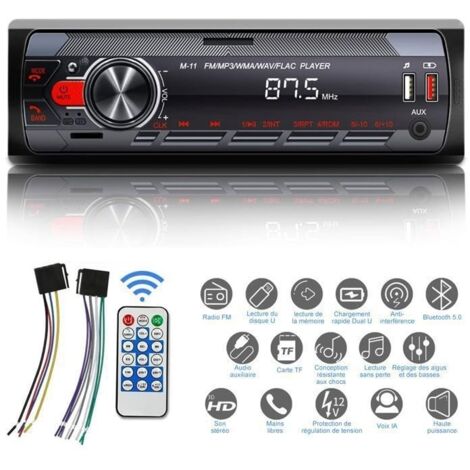 Autoradio Bluetooth, 7 Couleurs Stereo Poste Radio Assistant vocal, Poste Radio Voiture Bluetooth -MP3-WMA-WAV-FLAC-APE+ APP