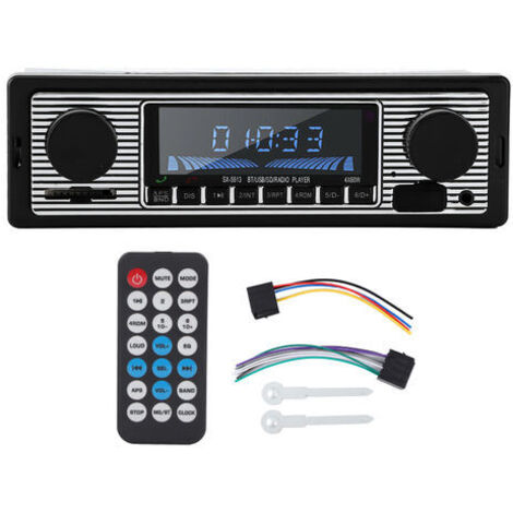 Autoradio Bluetooth con lettore MP3, stereo HiFi, ingressi USB, SD, AUX e FM, design compatto e vintage.