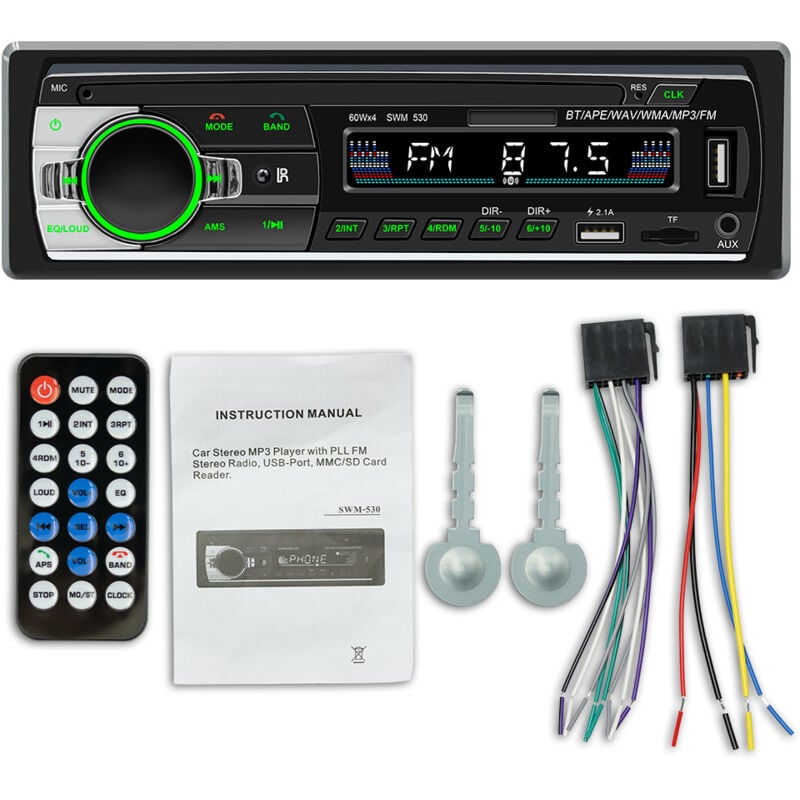 Autoradio Bluetooth, récepteur autoradio 1 DIN avec lecteur MP3, télécommande WMA FM, deux ports USB, stéréo mains libres 4 x 60 W, compatible iOS,