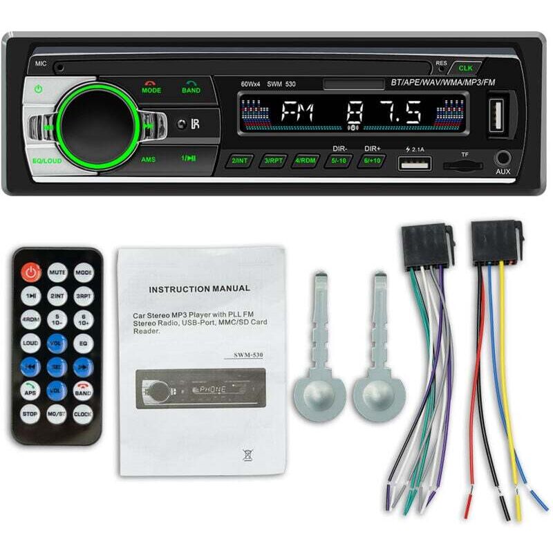 Image of Aiperq - Autoradio Bluetooth, ricevitore autoradio 1 din con lettore MP3, telecomando wma fm, doppie porte usb, 4 x 60 w vivavoce stereo, compatibile