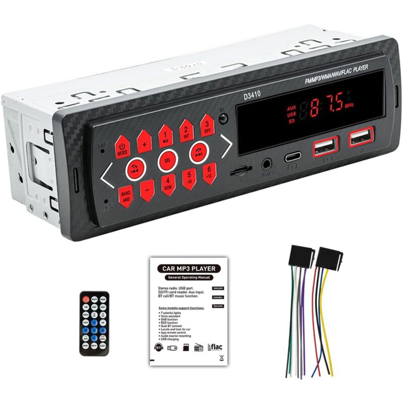 Autoradio Bluetooth Single Din, Radio de Voiture avec kit Mains Libres, Car Audio 4X40W Prend en Charge FM, AUX, Lecture USB/TF, EQ, Type-C et Charge