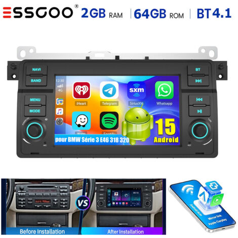 Autoradio DAB+ 7" Android 15 32/64 Go pour BMW Série 3 E46 318 320 avec navigation GPS, Wi-Fi et CarPlay - 2+64G