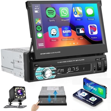 Autoradio de Voiture 1 Din Compatible avec Carplay et Android Auto, écran Tactile HD de 7 Pouces avec Mirror Link, Caméra de Recul, Volant, Mains Libres Bluetooth, FM, Port USB/SD/AUX
