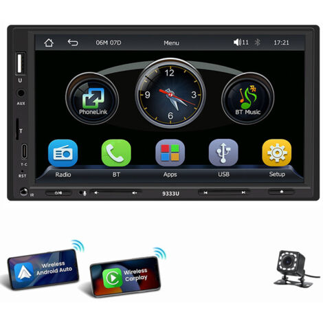 Autoradio double DIN 7 pouces avec Apple CarPlay Android Auto USB/AUX/FM 7 pouces 12LED CAM